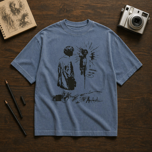T-shirt a maniche corte dal design personalizzato con stampa di personaggi dipinti a mano, stile retrò americano, di marca trendy, vestibilità ampia - Product Image 1