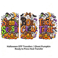 Transferts DTF Mignons d'Halloween (Fantômes et Citrouilles) Prêts à Presser, Transfert Thermique à Décollement à Froid, Impression Numérique pour Vêtements et Sacs
