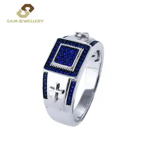 OEM Square Blue Sapphire Ring 925 Sterling Silver Men Hip Hop Big Square Cluster Cross Fine Jewelry Men Ring