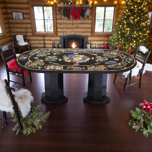 Mesa ovalada de mármol negro pulido con incrustaciones de piedra multicolor Impresionante producto artesanal de piedra - Product Image 5