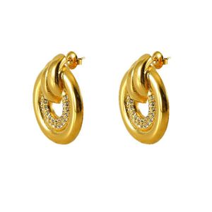 Gold Round Hoop <b>Stud</b> <b>Earrings</b> With <b>Crystal</b> Inlay Geometric Design Everyday Wear - Product Image 5