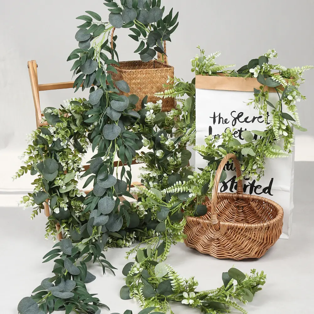 Rattan de eucalipto de folhas puras para decoração de casamento, planta verde, simulação de flores artificiais rosas, rattan de eucalipto