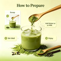 Poudre de Matcha Cérémonial Certifiée Marque Blanche OEM en Boîte de 30g, Poudre de Matcha Vanille en Boîte de 30g, Faible MOQ