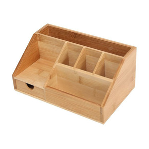 Bamboo Desktop Organizer With Partitions Natural Wood Color Rectangle Standing Type Office <b>Storage</b> <b>Box</b> <b>Drawer</b> Type - Product Image 5