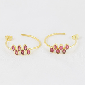 Boucles d'oreilles créoles en laiton plaqué or avec tourmaline rose, 34 mm, bijoux de fête pour femmes, à porter au quotidien - Product Image 2