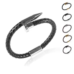 Men Surgical Steel Arrow Charm Genuine Leather Bracelets Punk Spiked Rivet Magnetic Buckle Plain Leather Wristband