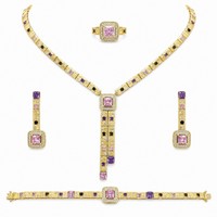 Bride Talk 3A Parure de bijoux en cuivre doré avec zircone cubique CZ, trois rangs, motifs carrés, rose, violet, noir, comprenant collier, boucles d'oreilles, bracelet et bague