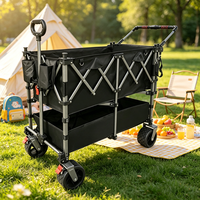 Chariot de camping pliable à double plateau avec poignée réglable et quatre roues, idéal pour les pique-niques et le shopping en extérieur, outils OEM en gros