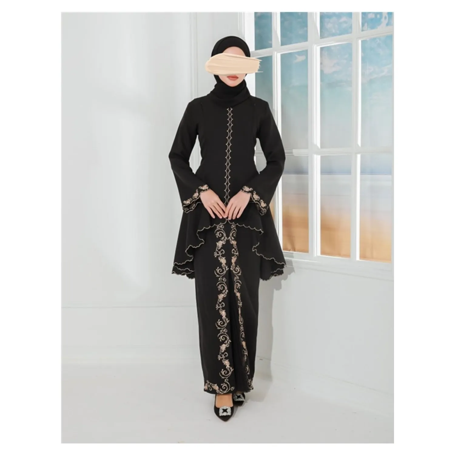 SIPO 2022 Muslim Clothing Malaysia Premium Crepe Embroidered Flare Sleeve Godet Skirt Pattern Black Baju Kurung Moden Wholesale