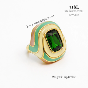 Anillos de Acero Inoxidable 316L al por Mayor, Chapados en <span class=keywords><strong>Oro</strong></span> PVD de 18K, con Banda de Esmalte Colorido y Gran Gema, Joyería de Moda para Mujer - Product Image 4