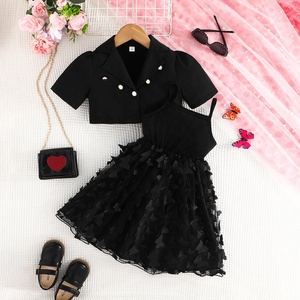 Conjunto de Ropa para Niñas de 4 a 7 Años, Chaqueta de Manga Corta + Vestido de Malla con Mariposas, Conjunto de Dos Piezas a la Moda para Adolescentes - Product Image 1