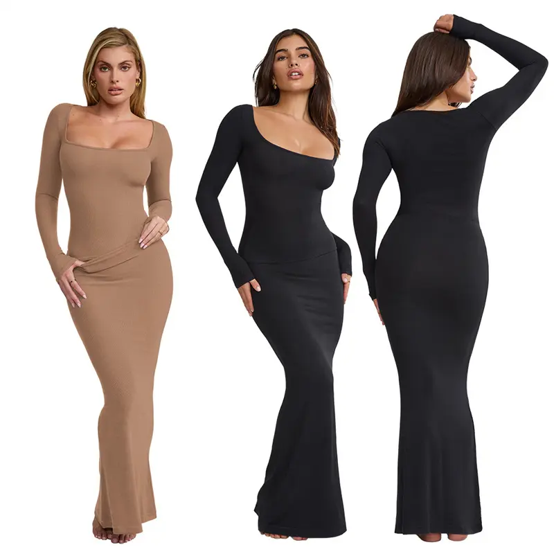 großhandel damen mode baumwolle feine solide farbe quadratischer kragen lange Ärmel maxikleid 2024 damen schwarze kleidung für frauen max