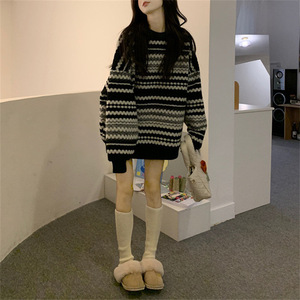 Women's Vintage Striped Pullover Loose Mid-Length <strong>Knitted</strong> Top <strong>Big</strong> <strong>Sweater</strong> for Spring Autumn Winter-Lazy Style - Product Image 6