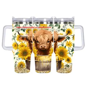 Wholesale Bulk Custom Full Printed 40oz 40 oz Sunflower Highland Cow Pattern Stainless Steel Tumbler Cup with Handle and Straw