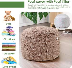 Poufs modernes ronds et <span class=keywords><strong>moelleux</strong></span> en fausse fourrure avec rembourrage en mousse et rangement, repose-pieds en tissu - Product Image 5
