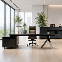 Bureau de direction moderne minimaliste en forme de L avec armoire de rangement en bois, étagères écologiques et panneau géométrique pour le bureau