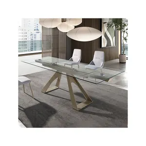 Koto modern Italian design dining room extending table tempered glass dining table metal steel base legs 6 8 10 12 seater