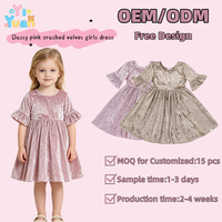 Robe de soirée princesse pour fillette en velours écrasé rose poudré, coupe évasée, manches courtes cloche, col rond, pour anniversaire, mariage ou fête