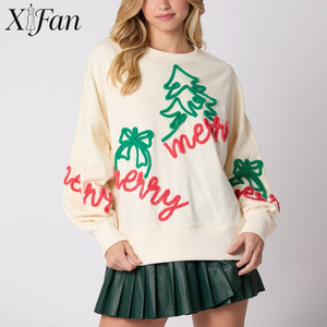 OEM Custom High Quality Women's Oversized <b>Christmas</b> Embroidered <b>Sweatshirt</b> Fashion Sweet Style 100% Cotton Pullover <b>Ladies</b> Shirt - Product Image 1