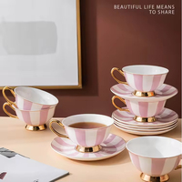 Set cangkir dan tatakan kopi Bone China gaya Teh Sore Inggris Pink Lady grosir dengan pinggiran dan gagang emas