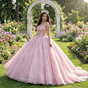 Vestido de Quinceañera y Fiesta Elegante Dy1367 Estilo Princesa Rosa de Gasa con Apliques, Top de Tubo y Diamantes Brillantes - Product Image 1