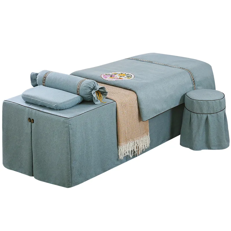 Funda de cama de algodón de alta calidad, conjunto de cuatro piezas, suministros sencillos de salón de belleza, cubierta de cama de masaje personalizada coreana, azul cielo