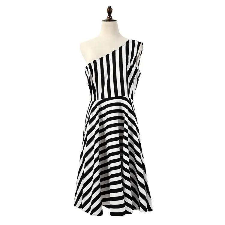 Ladies Elegant Black and White Stripe Vestidos Casual Sexy Ruffled Midi One Shoulder Dress Summer