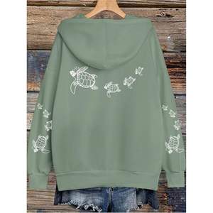 Sudadera con Capucha Personalizada para Mujer, Talla Grande, Manga Larga, Tejida, con Estampado de Tortuga, Transpirable, Estilo Preppy - Product Image 2