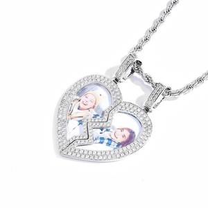 Hip Hop Fine Jewelry Iced Out Broken Heart Charm Photo Necklace White Gold Plated Custom Memory Photo <b>Frame</b> Pendant - Product Image 1