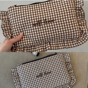 Borsa Cosmetica in Velluto con Cerniera e Volant in Cotone, Personalizzabile con Logo, Eco-friendly, a Quadretti Marroni, <span class=keywords><strong>per</strong></span> Donna - Collezione 2026 - Product Image 5
