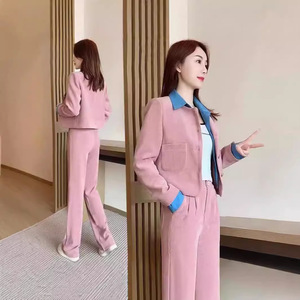 Women's Casual Suit Set Purple Corduroy Two Piece With Buttons Anti Wrinkle Wide Leg Pants Top Spring Style - Product Image 2