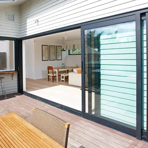 Puerta de vidrio deslizante de aluminio, sin bisagras, puertas corredizas blancas de vidrio para patio, exterior doble, color negro