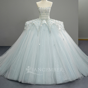 Robe de mariée de luxe Sfy298 de haute qualité, magnifique, sans bretelles, en dentelle, avec taille ornée de multiples perles, et jupe volumineuse pour femme Jancember - Product Image 1