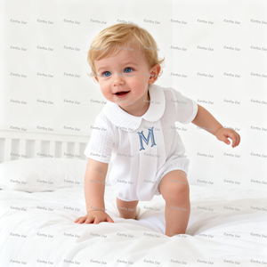 Produits pour bébés, barboteuse à bulles en seersucker blanc d'été, monogramme, ensemble de barboteuses assorties pour frères et sœurs, vêtements pour nouveau-nés - Product Image 6