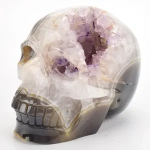 天然手工雕刻玛瑙Geode簇紫水晶头骨