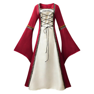 Vestido Medieval para Juego de Rol, Manga Larga, Línea A, Satén, Color en Contraste, Cuello Cuadrado, Cintura Ajustada, Disfraz para Fiesta - Product Image 3