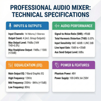 Console de mixage audio professionnelle DX-16 16 canaux avec 14 entrées XLR, 2 bus de groupe pour concert