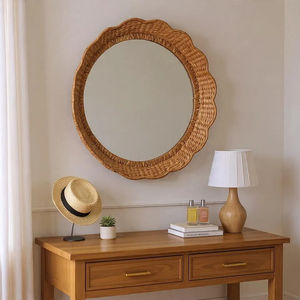 Miroir artisanal en jacinthe d'eau festonné style bohème, miroir mural tissé naturel pour salon, miroir rond artisanal 50 cm - Product Image 6
