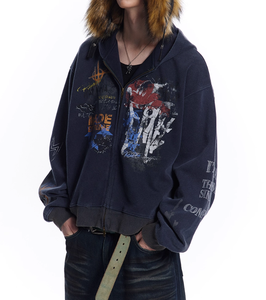 Felpa con cappuccio con cerniera a due vie retrò maglione con cappuccio da uomo e donna autunno oversize con cappuccio con stampa grafica personalizzata - Product Image 2