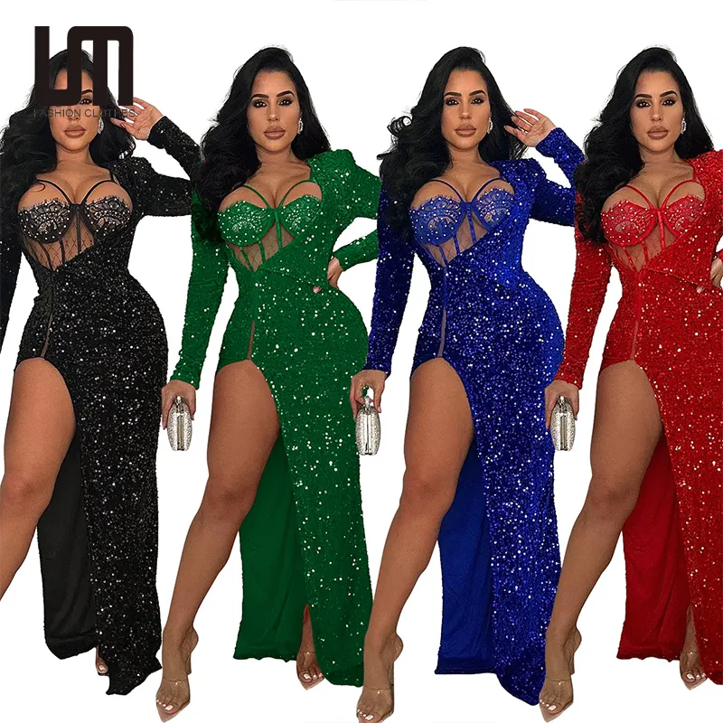 Liu Ming New Arrivals Women Party Sexy Long Sleeve Sequined Night Club Cocktail Slit Maxi Dress