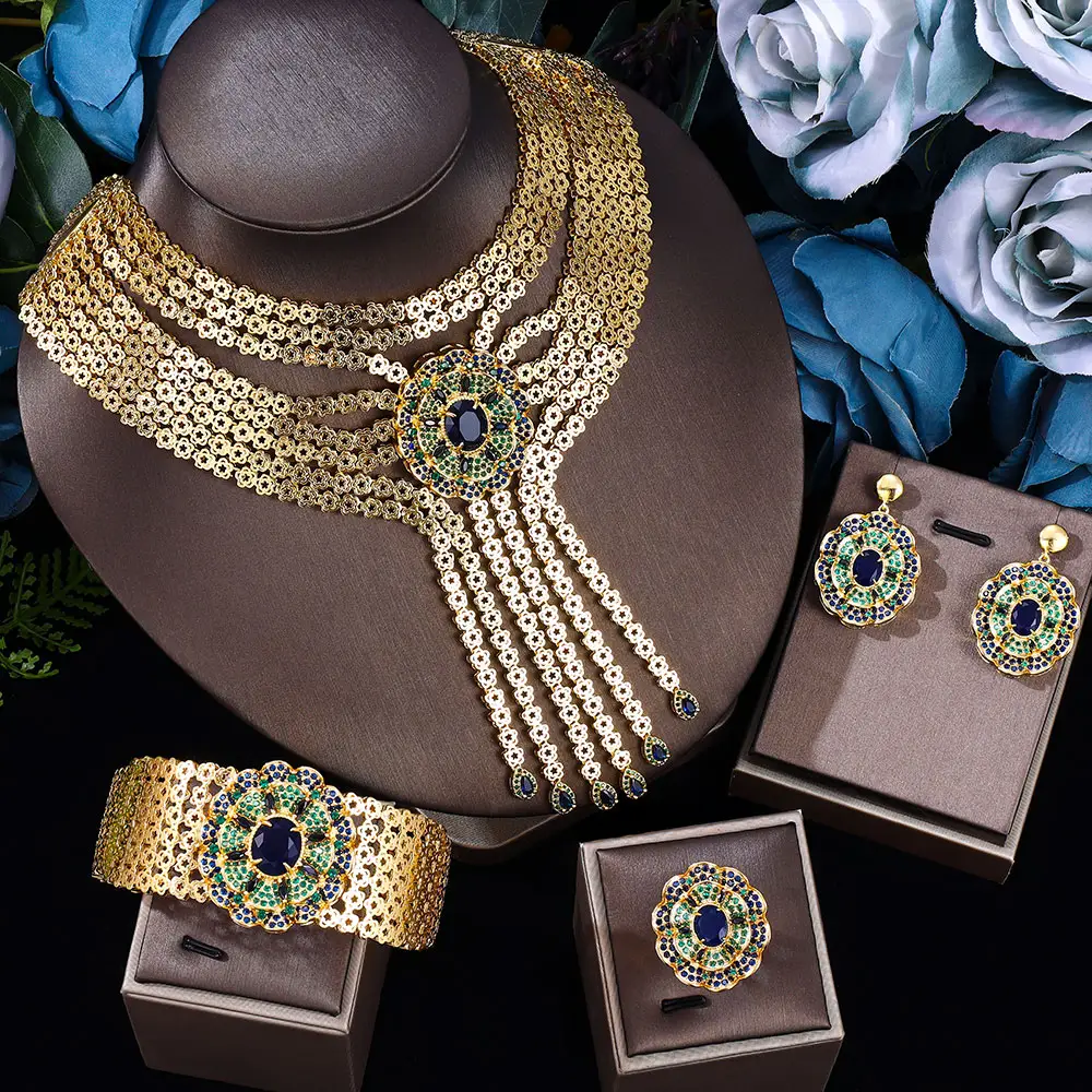 2022 Dubai Gold Jewelry Sets Nigerian Wedding Necklace Earring 4pcs Set Women Bridal Accessories