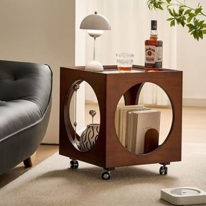 Mesa de centro de madera, estilo creativo y novedoso, mesa de centro cuadrada, madera maciza, móvil, con estante para libros y floreros - Product Image 1