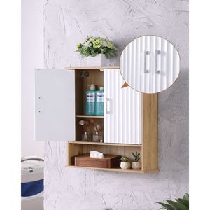 <b>Adjustable</b> White Natural Wood Bathroom Wall Cabinet with Double Door & Bottom <b>Shelf</b> Wavy Patterned Doors Easy Installation - Product Image 4