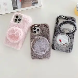 Make UP Mirror Fur Phone Case For IPhone14 13 12 Pro Max XS XR X Warm Furry Fluffy Cover For iPhone 6 6S 7 8 Plus SE2