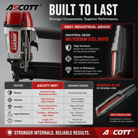 ASCOTT N851 Agrafeuse pneumatique professionnelle calibre 16 à couronne moyenne, pistolet à agrafes de finition 7/16 pouces pour bois, palettes, meubles, caisses, OEM