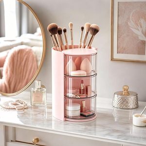 Rotating Desktop Beauty Makeup Organizer Dustproof Puff <b>Storage</b> Box with Egg Air <b>Cushion</b> & Lipstick Makeup Brush Rack - Product Image 5