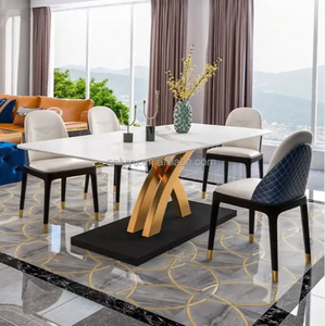 Ensemble table à manger moderne 6 pièces en cuir français Mobilier de maison de luxe Style traditionnel classique en métal pour le salon - Product Image 2