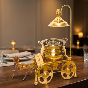 Réchaud de service traditionnel en laiton moulé, type chariot à chevaux, plaqué or, rond, pour table, capacité 4/6/8L, pour la restauration - Product Image 2