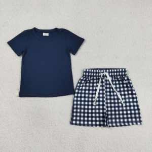 Ensemble 2 pièces décontracté pour bébé garçon, T-shirt et short en coton et élasthanne bleu marine imprimé, collection Printemps-Automne, en tissu peigné, prêt à expédier (RTS) - Product Image 4