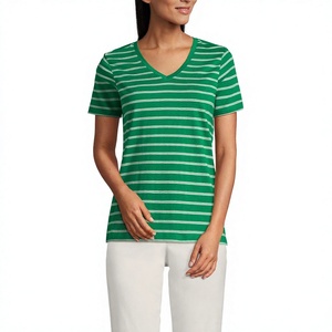 Camisetas de Verano a Rayas para Mujer, Cuello en V, Espalda en U, Manga Corta, 100% Algodón, Secado Rápido, Transpirables, Venta al Por Mayor de Fábrica, OEM, Personalizadas - Product Image 2